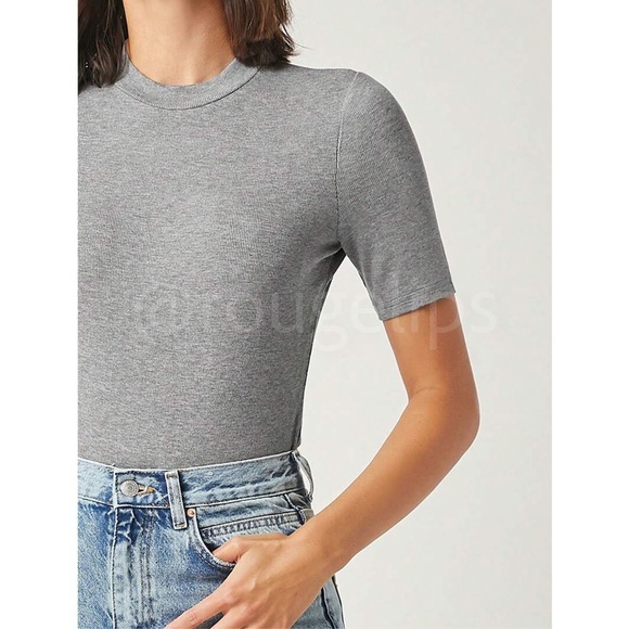 Grey Rib-Knit High Neck Short Sleeve Slim Fit Top Shirt - Picture 4 of 7